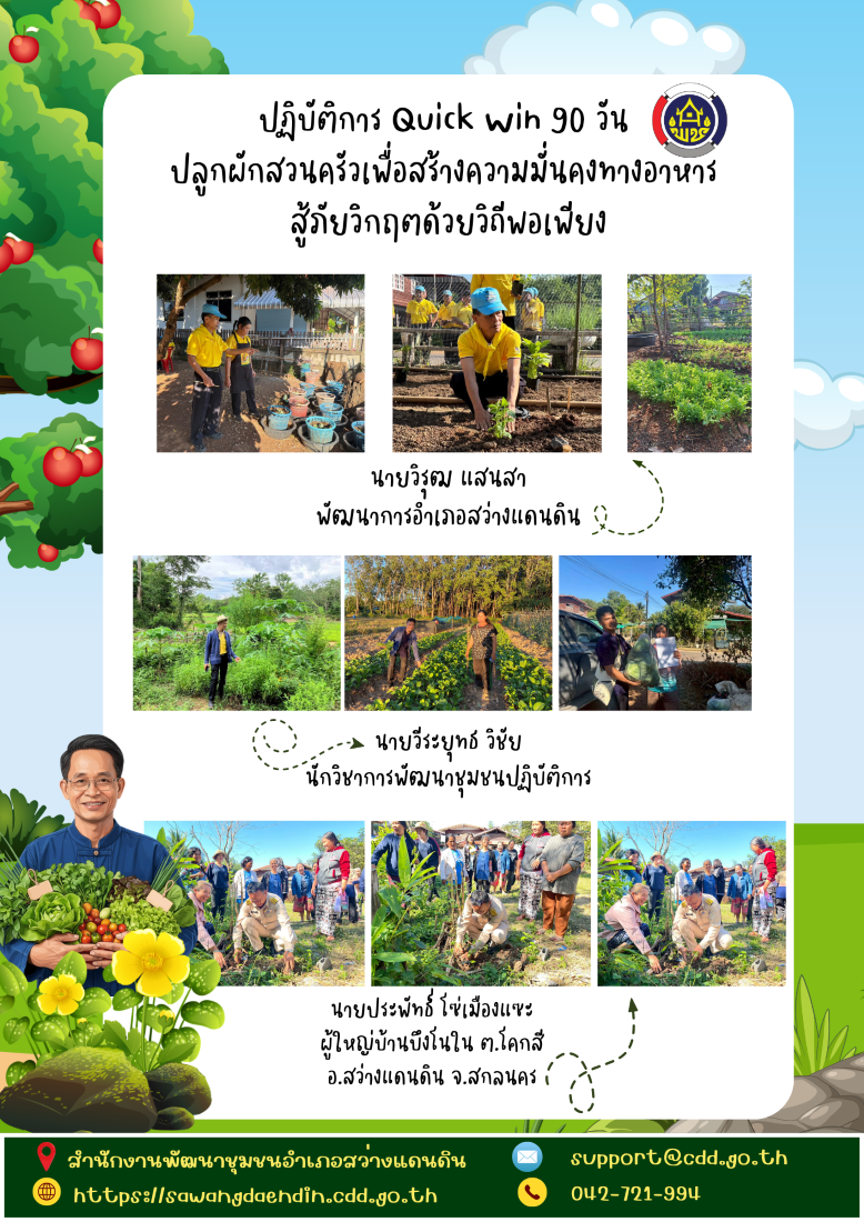 พช.สว่างแดนดิน เดินหน้าขับเคลื่อน “ผู้นำต้องทำก่อน” ปฏิบัติการ Quick Win 90 วัน ปลูกผักสวนครัว สร้างความมั่นคงทางอาหาร ตามแนวทางเศรษฐกิจพอเพียง